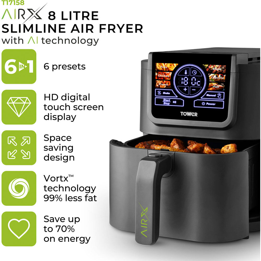 Tower AirX T17158 8L Grey Single Basket Digital Air Fryer