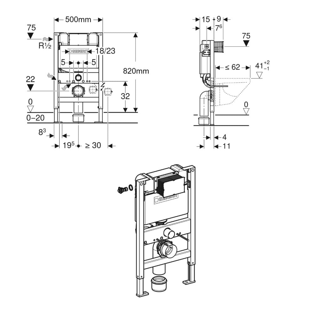 Geberit Duofix 82cm WC Frame With 15cm Kappa Cistern