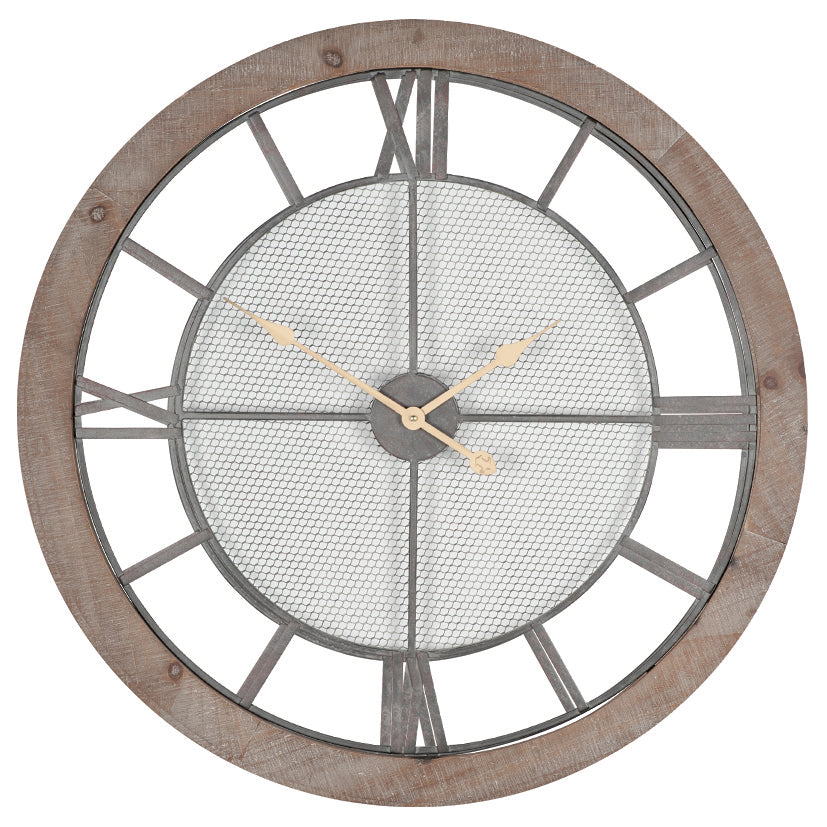 Natural Wood &amp; Metal Round Wall Clock
