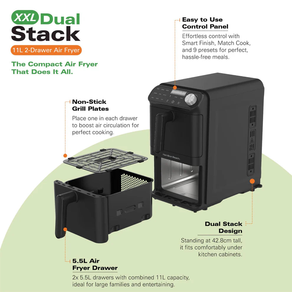 Hamilton Beach HBA11B XXL 11L Dual-Stack 2 Drawer Air Fryer