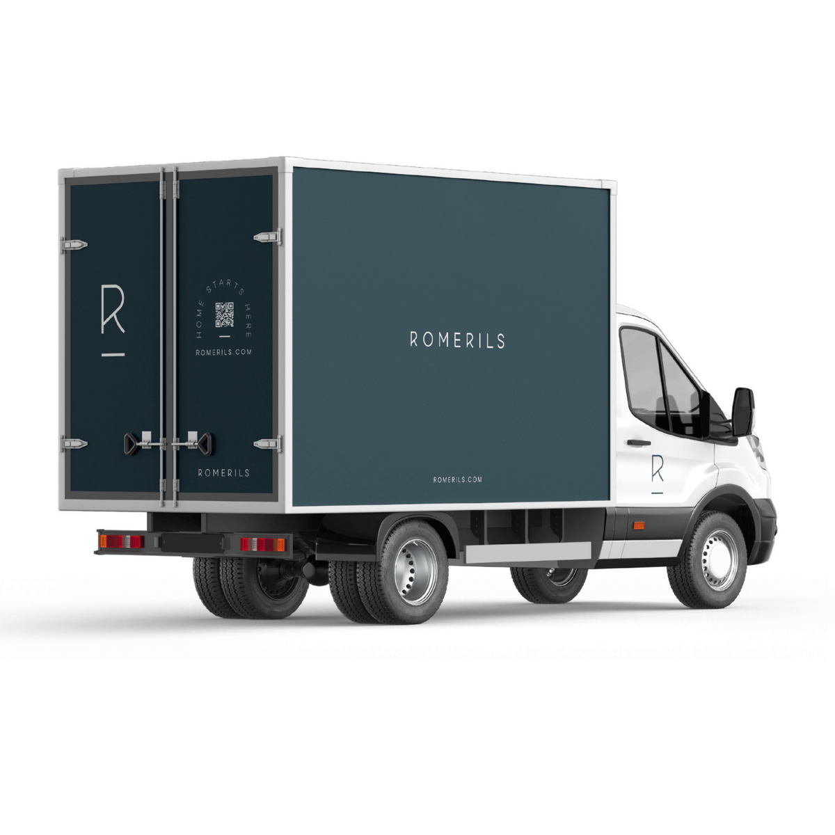 A white box truck with a dark teal cargo body and matching rear doors, shown from a three-quarter rear angle on a clean white background. The cargo area features the brand name 'ROMERILS' and website 'ROMERILS.