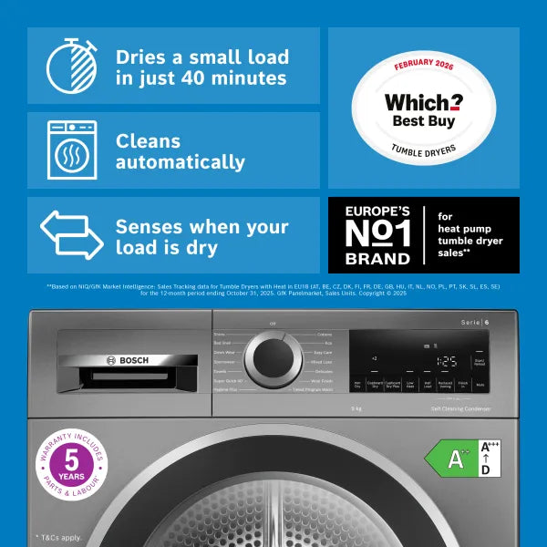 Bosch Series 6 WQG245R2GB 9Kg Heat Pump Tumble Dryer - Graphite