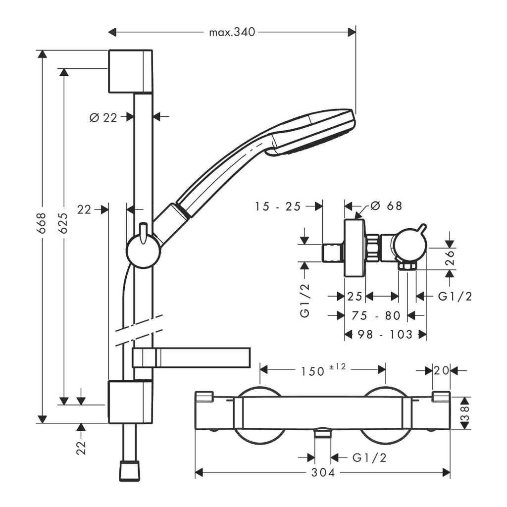 Hansgrohe Croma 100 Exposed Installation Shower system Vario with Ecostat Comfort thermostat / shower bar - 65 cm