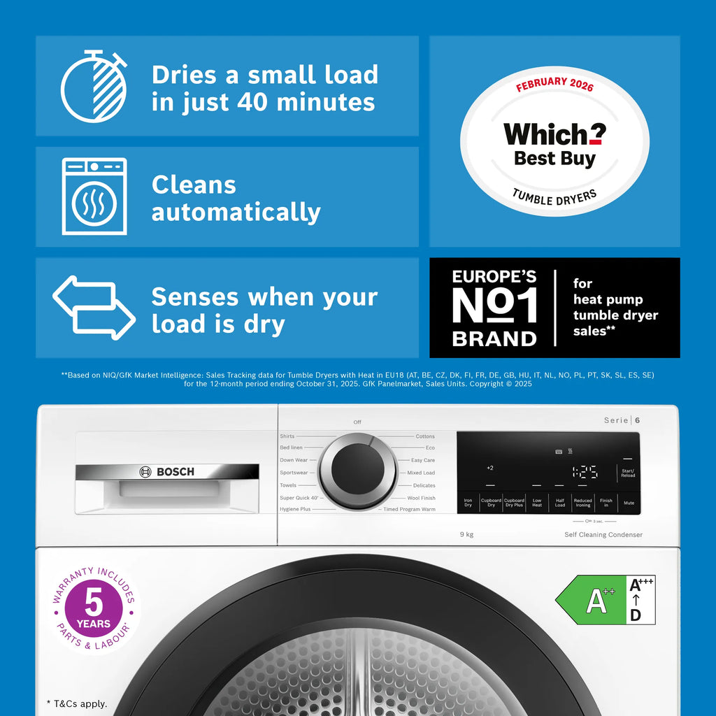 Bosch WQG24502GB 9kg Series 6 Heat Pump Condenser Dryer  - White
