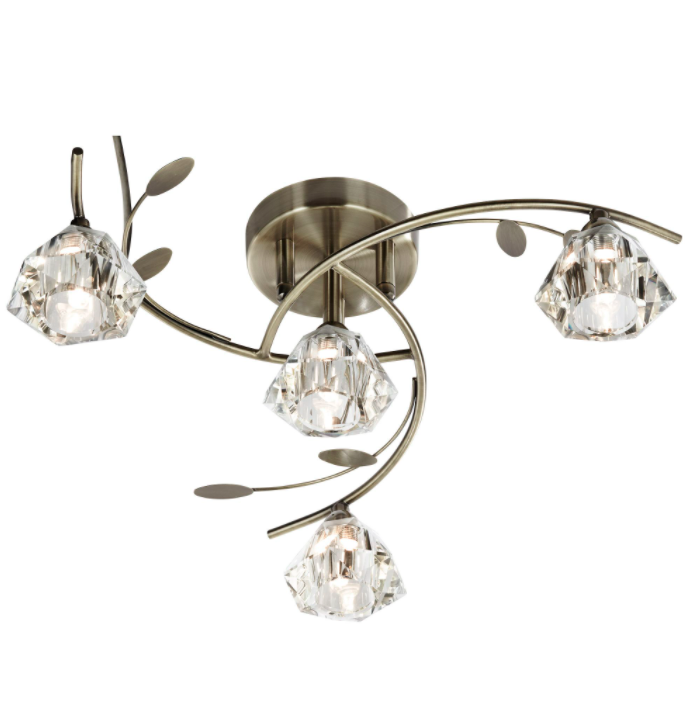 Antique Brass Leaf and Glass 4 Light Semi-Flush Fitting