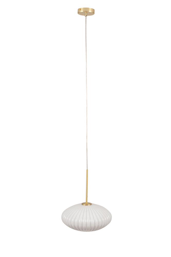 Pacific Emilia White Glass and Gold Metal Ribbed Oval Pendant 35-324