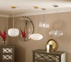 Pacific Emilia White Glass and Gold Metal Ribbed Oval Pendant 35-324