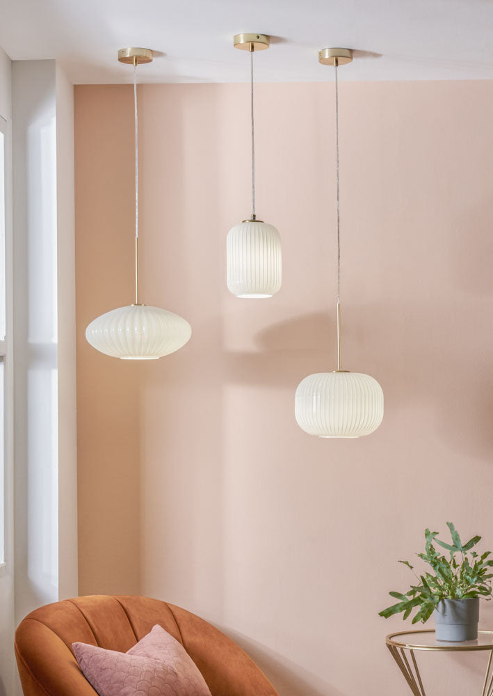 Pacific Emilia White Glass and Gold Metal Ribbed Oval Pendant 35-324