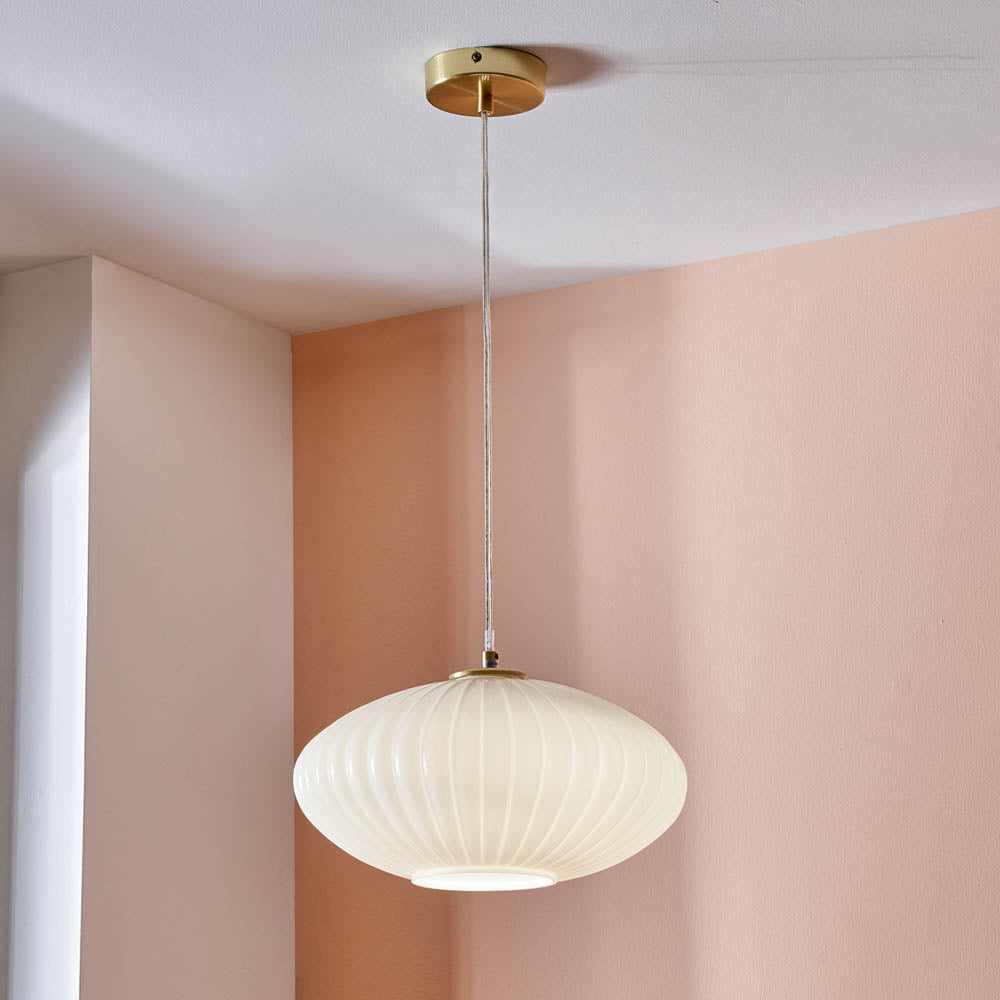 Pacific Emilia White Glass and Gold Metal Ribbed Oval Pendant 35-324