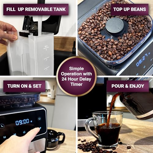 Andrew James Coffee Machine Bean to Cup Filter Ground Coffee Built-In Grinder Programmable