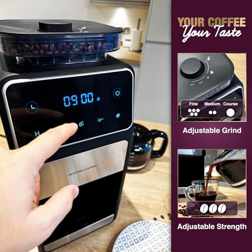Andrew James Coffee Machine Bean to Cup Filter Ground Coffee Built-In Grinder Programmable