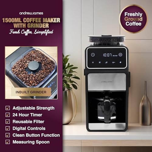 Andrew James Coffee Machine Bean to Cup Filter Ground Coffee Built-In Grinder Programmable