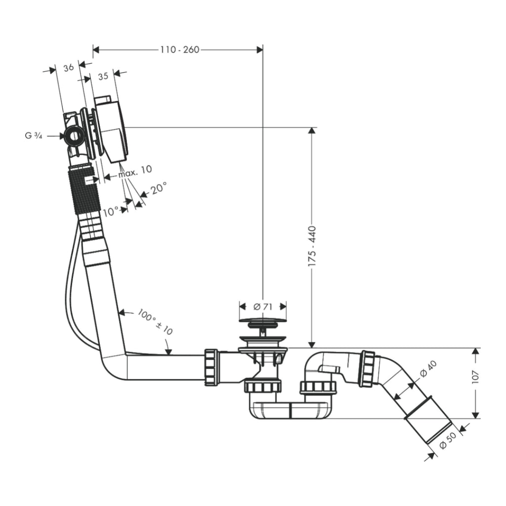 Hansgrohe Exafill S Complete set bath filler, waste and overflow set for standard bath tubs
