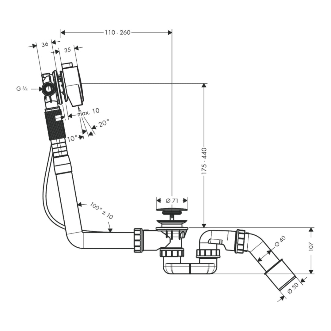 Hansgrohe Exafill S Complete set bath filler, waste and overflow set for standard bath tubs