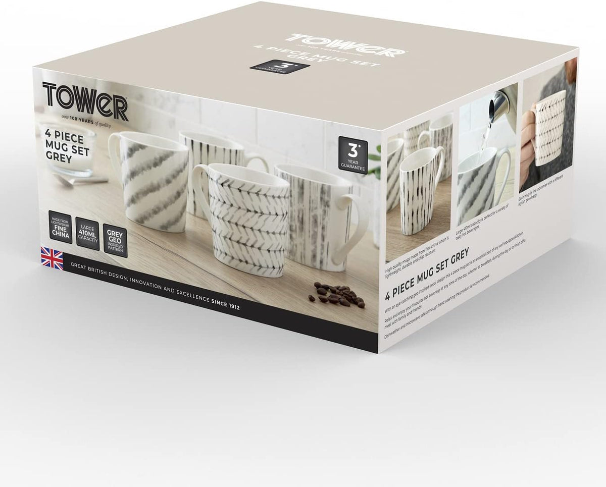 Tower T874004 Set of 4 Sketch Mugs, Tea, Coffee, Grey