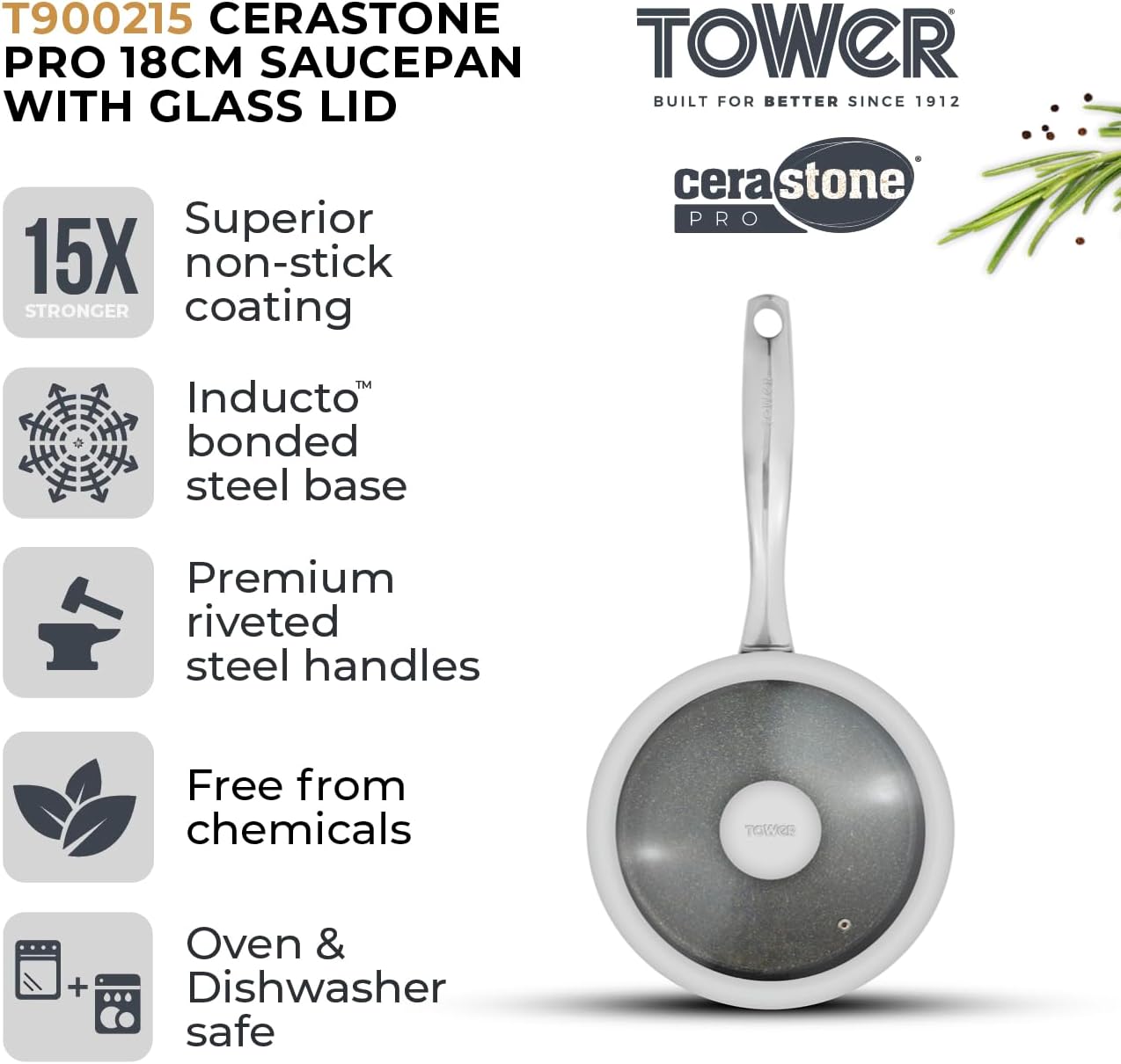 Tower T900216 Cerastone Pro 20cm Forged Saucepan with Tempered Glass Lid - Graphite