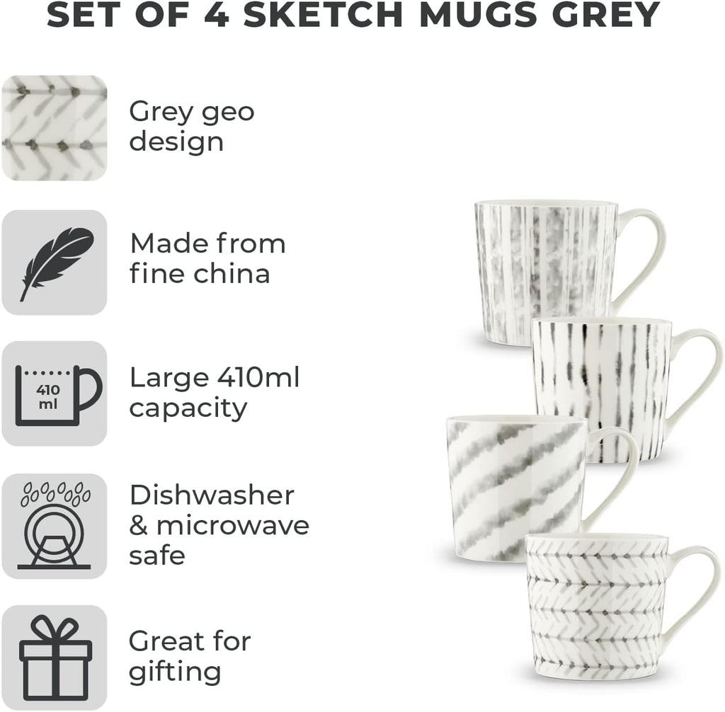 Tower T874004 Set of 4 Sketch Mugs, Tea, Coffee, Grey