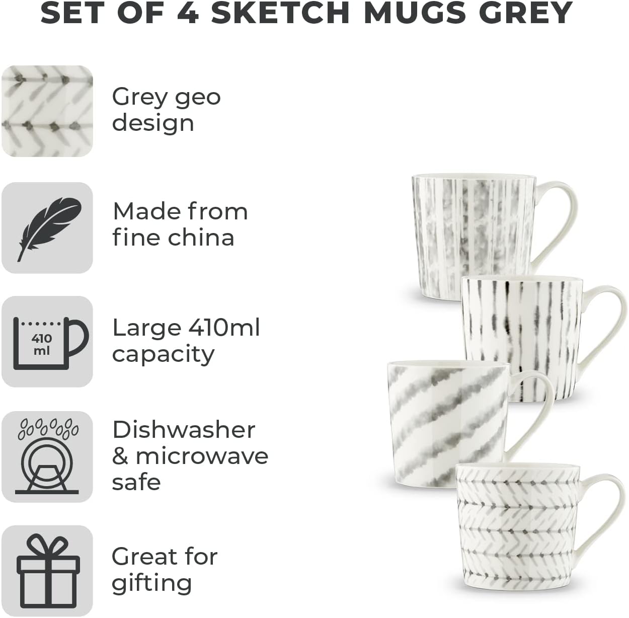 Tower T874004 Set of 4 Sketch Mugs, Tea, Coffee, Grey