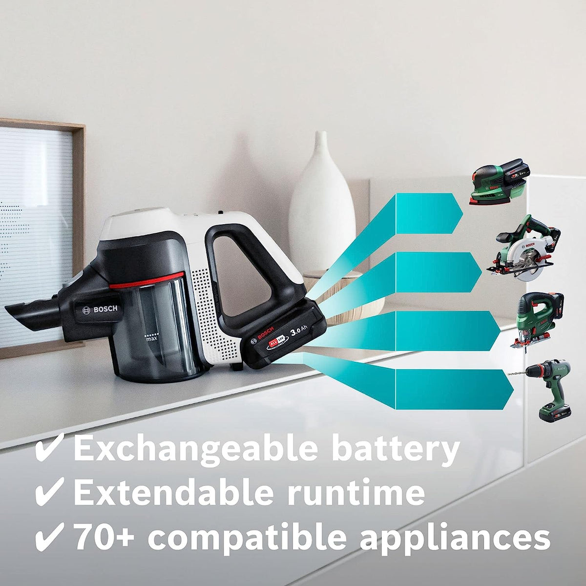 Bosch Unlimited 7 BCS712GBKIT Cordless Vacuum Cleaner PLUS Battery - 80 minutes Run Time - White &amp; Black