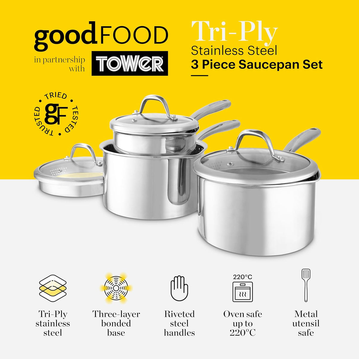 GGood Food By Tower GF900270 Tri-Ply 3  Piece Cookware Set