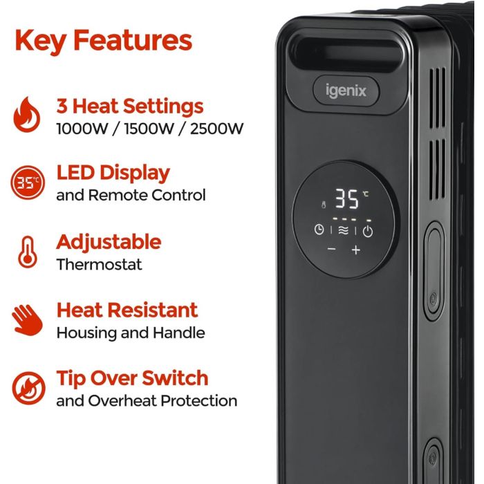 Igenix IG2626BL 2.5Kw Digital Control Oil Filled  Radiator- Black