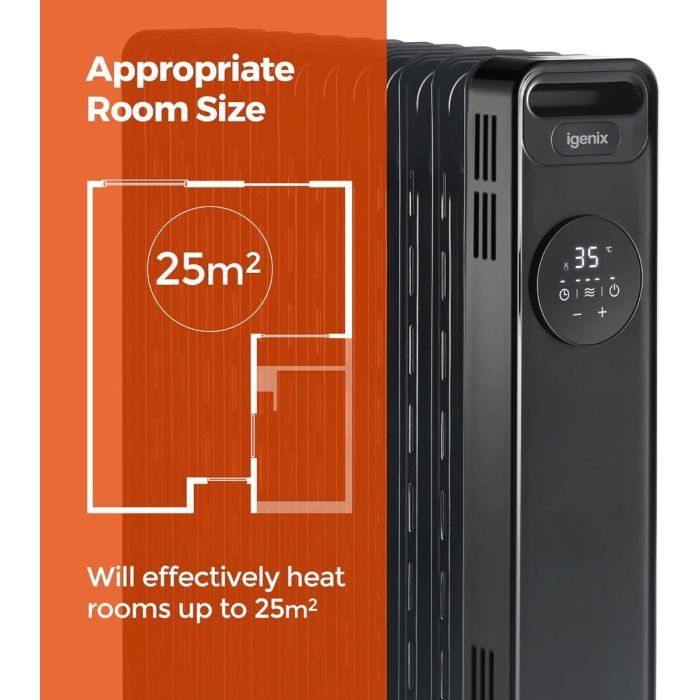 Igenix IG2626BL 2.5Kw Digital Control Oil Filled  Radiator- Black