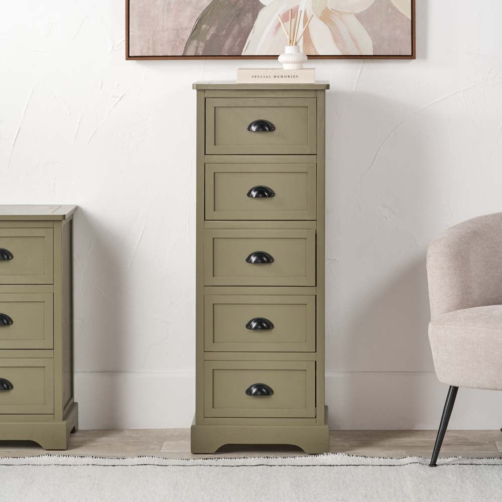 Pacific Croft Olive Pine Wood 5 Drawer Unit