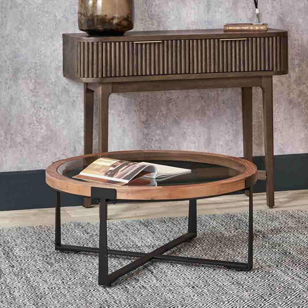 Pacific Vermont Clear Glass and Light Walnut Wood Veneer Coffee Table