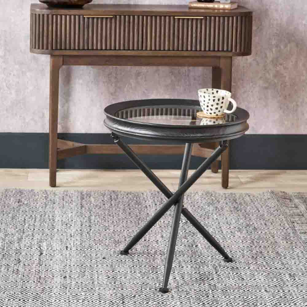 Pacific Elwood Clear Glass and Black Fir Wood Effect Side Table