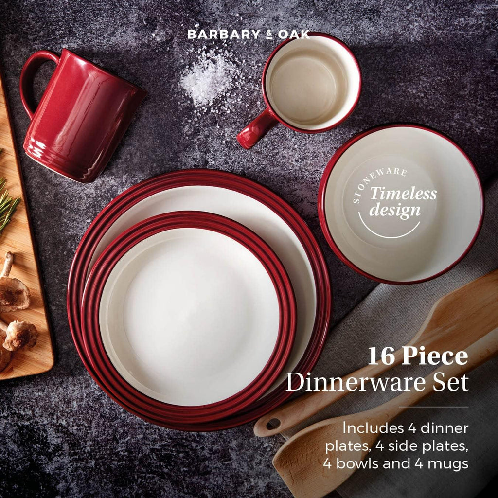 Barbary &amp; Oak B0867011RED Foundry 16 Piece Dinnerware Set, Ceramic Stoneware, Bordeaux Red