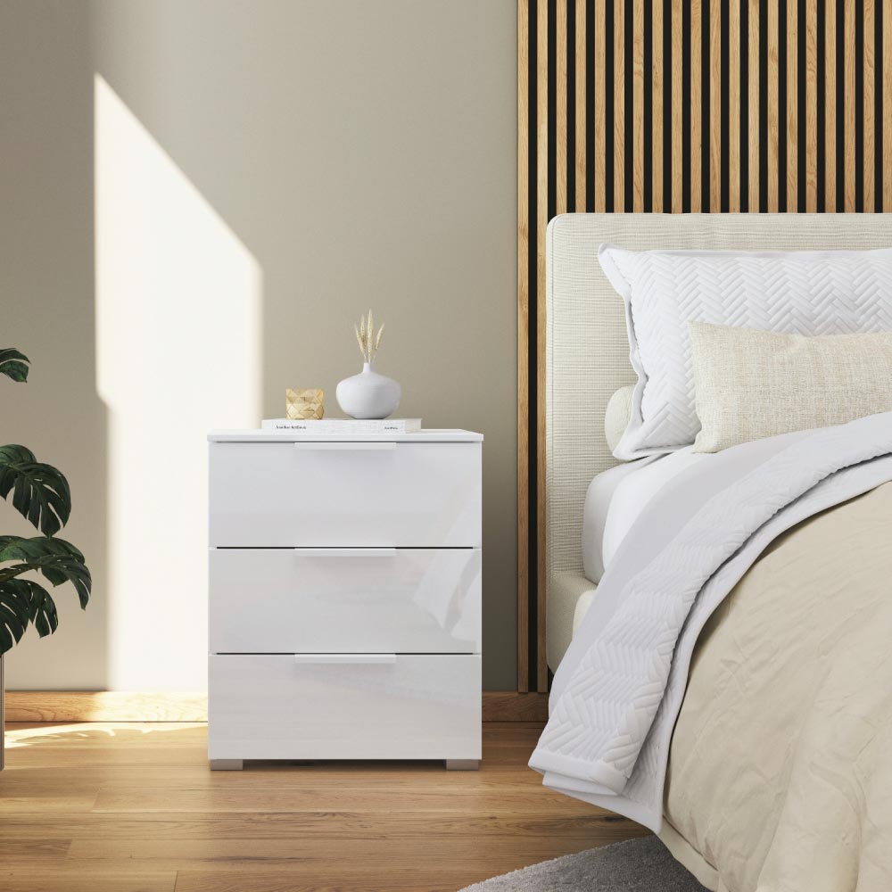 Rauch Aldono Deluxe 50cm 3 Drawer Bedside Table - Alpine White With Aluminum Handles