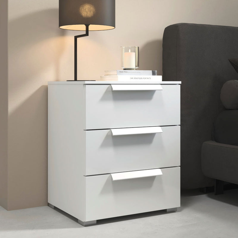Rauch Aldono Deluxe 3 Drawer Bedside Table - Alpine White With Crystal Glass Front And Alpine White Handles