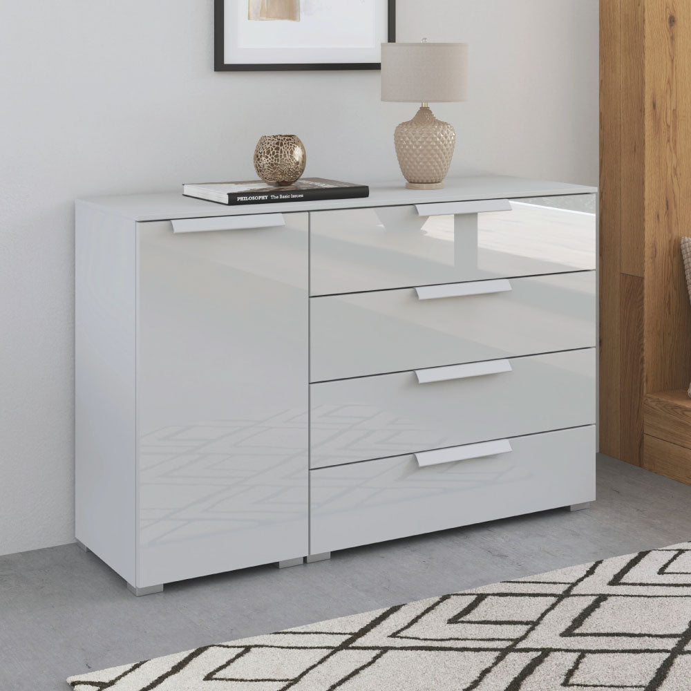 Rauch Aldono Deluxe 1 Door 4 Drawer Unit - Alpine White With Crystal Glass Front And Alpine White Handles