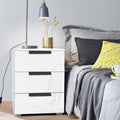Rauch Aldono Deluxe 3 Drawer Bedside Table - Alpine White With Crystal Glass And Graphite Handles