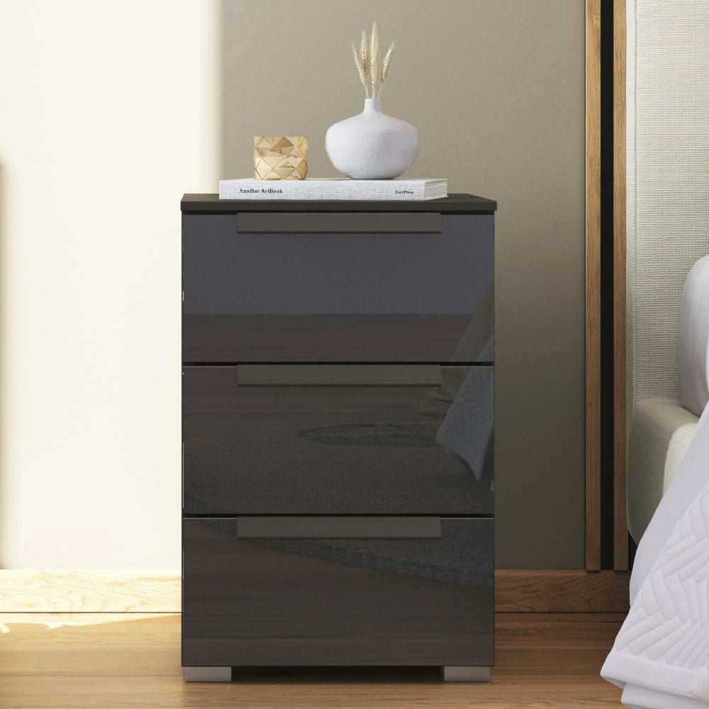 Rauch Aldono Deluxe 3 Drawer Bedside Table - Graphite With Basalt Glass Front And Graphite Handles