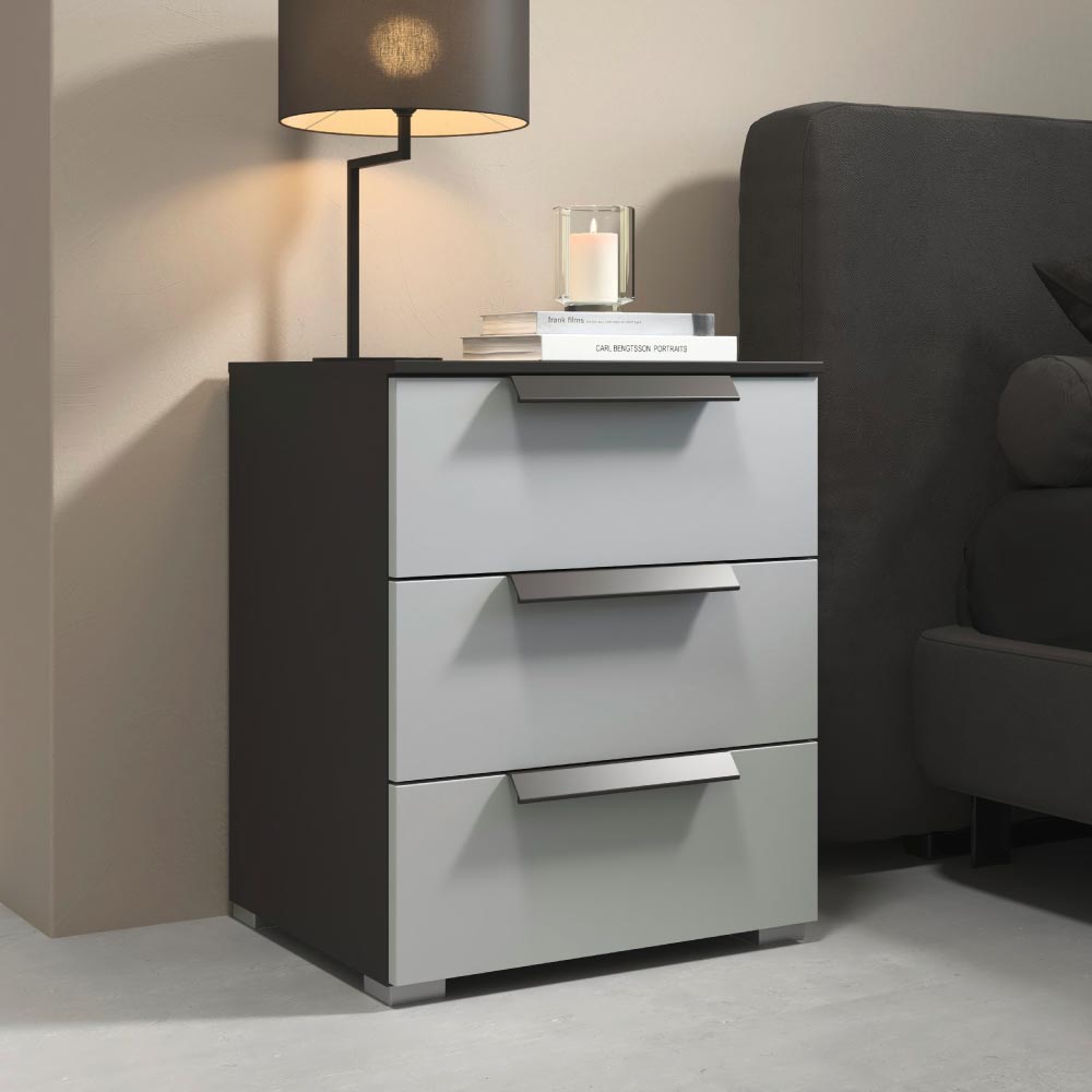 Rauch Aldono Deluxe 50cm 3 Drawer Bedside Table - Graphite With Alpine White Front And Graphite Handles