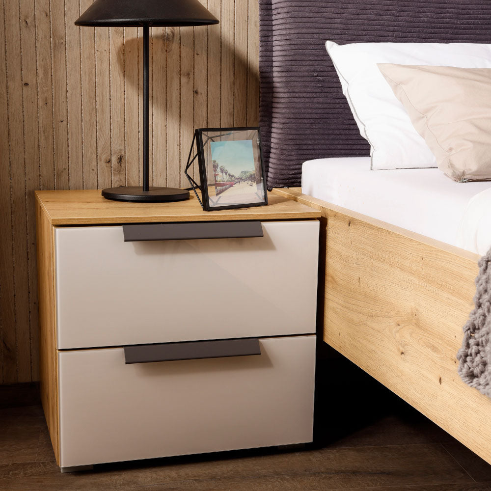 Rauch Aldono Deluxe 2 Drawer Bedside Table - Artisan Oak With Silk Grey Glass Front And Graphite Handles