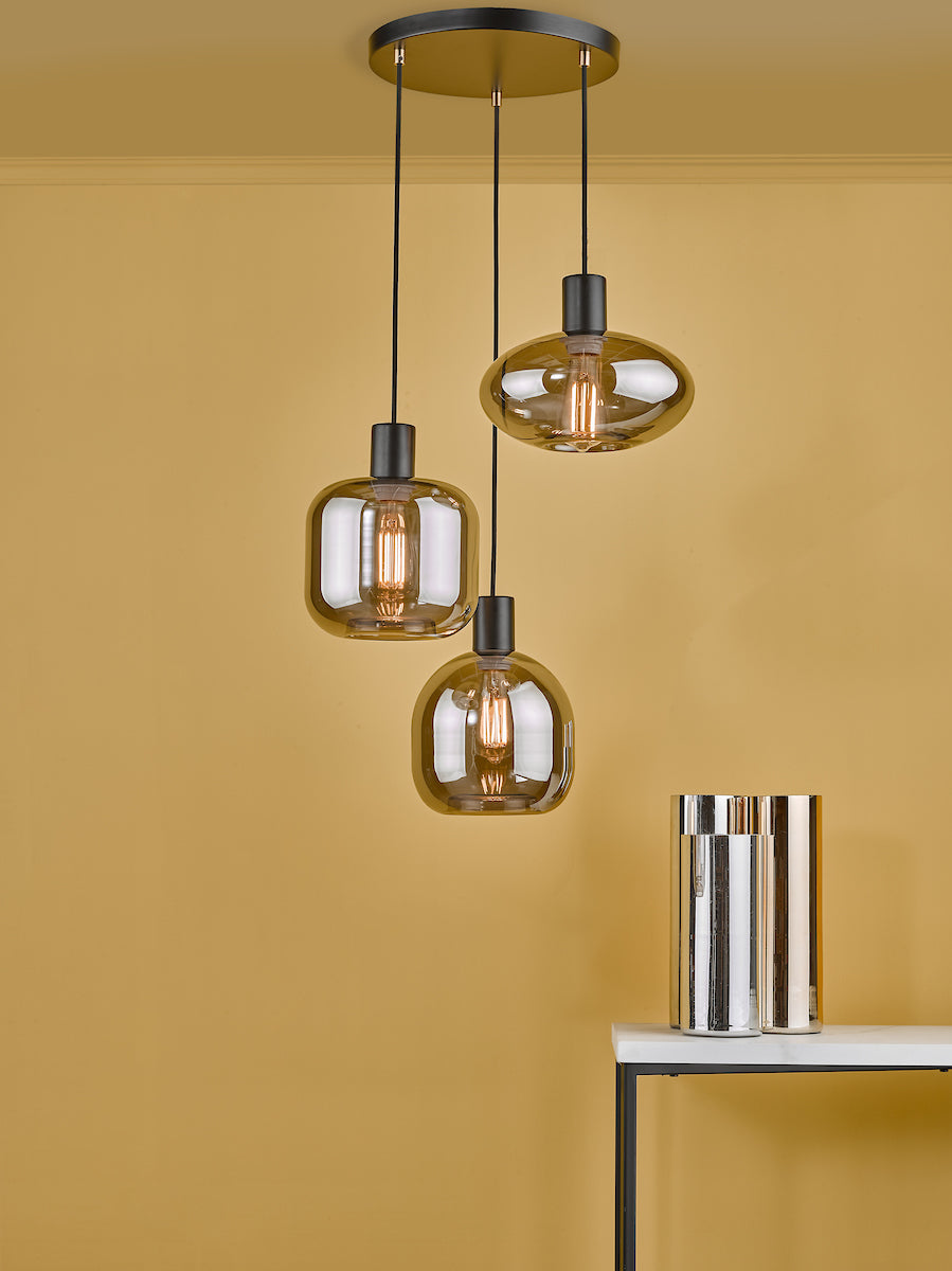 Aiden 3 Light Cluster Pendant Satin Black & Smoked<br>Smoked Glass