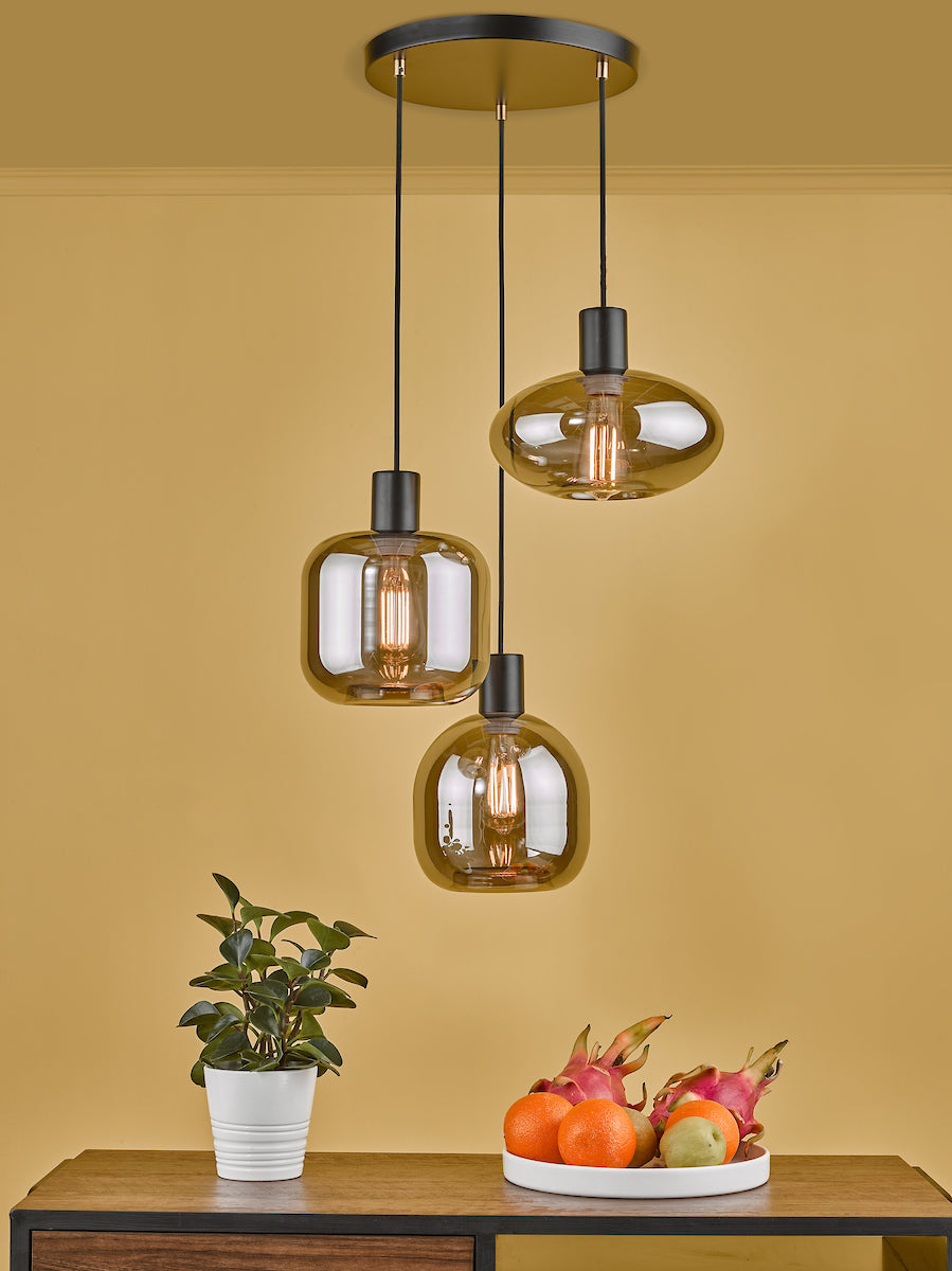 Aiden 3 Light Cluster Pendant Satin Black & Smoked<br>Smoked Glass