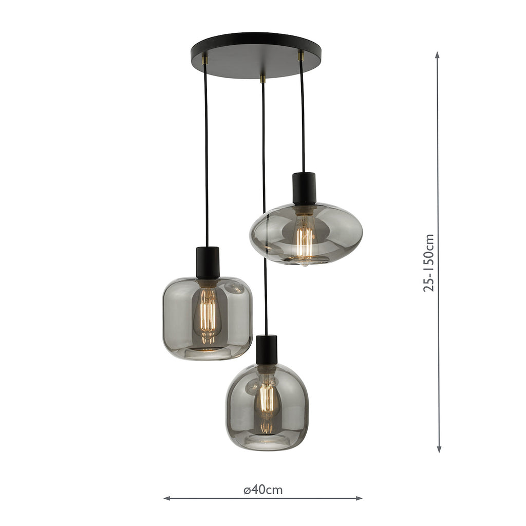Aiden 3 Light Cluster Pendant Satin Black & Smoked<br>Smoked Glass
