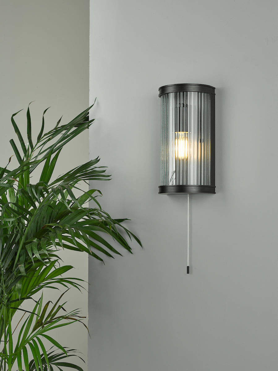 Anund Bathroom Wall Light Matt Black Ribbed Glass IP44<br>Matt Black