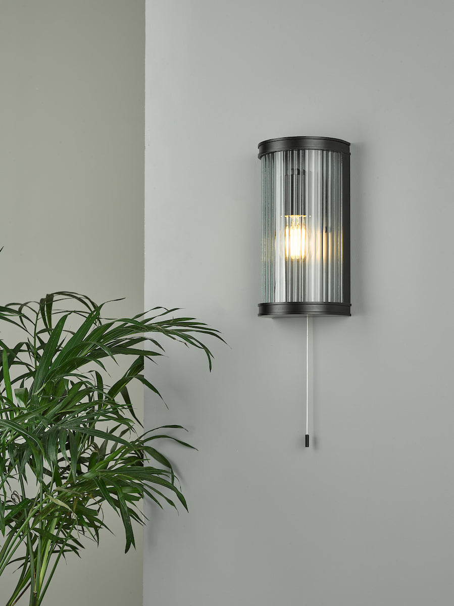 Anund Bathroom Wall Light Matt Black Ribbed Glass IP44<br>Matt Black