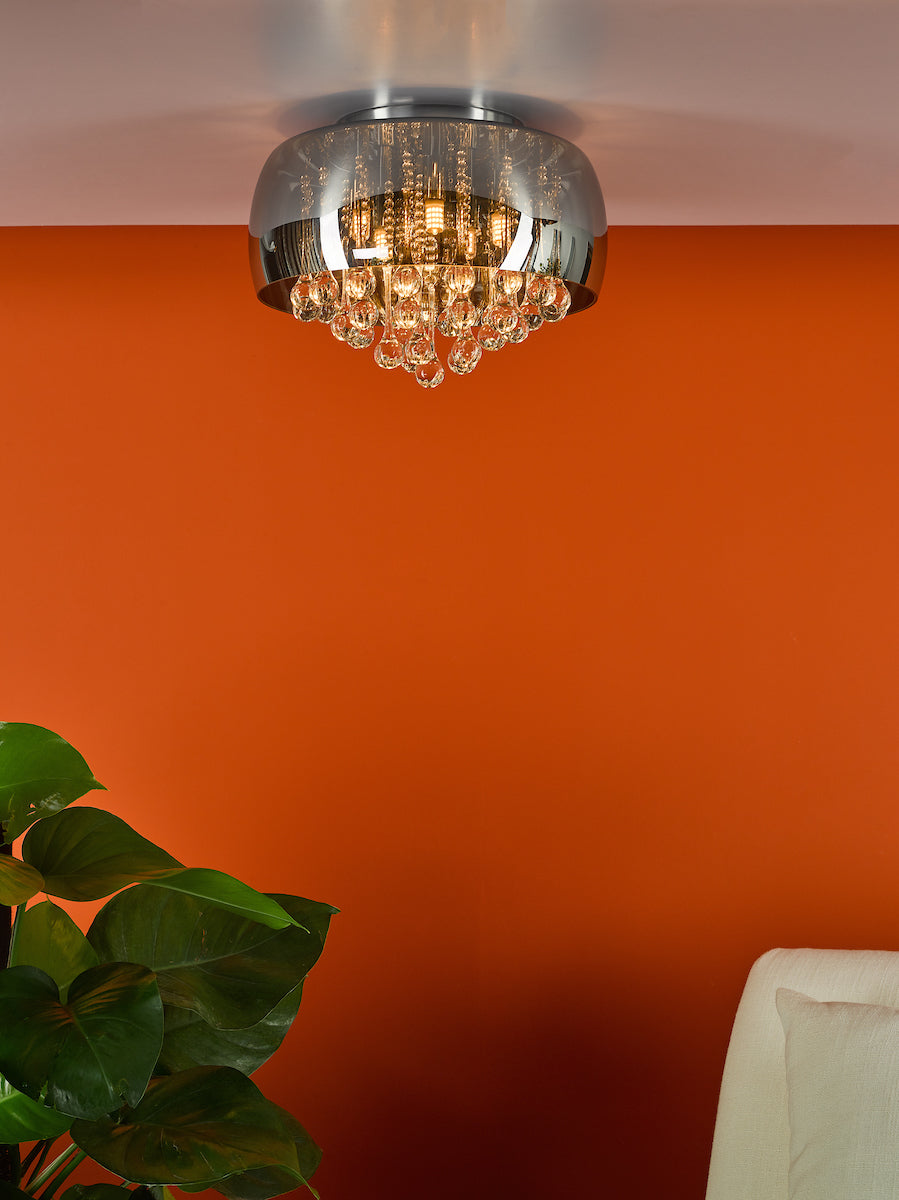 Aviel 5 Light Flush Smoked Shade With Clear Glass Droppers<br>Smoked Glass