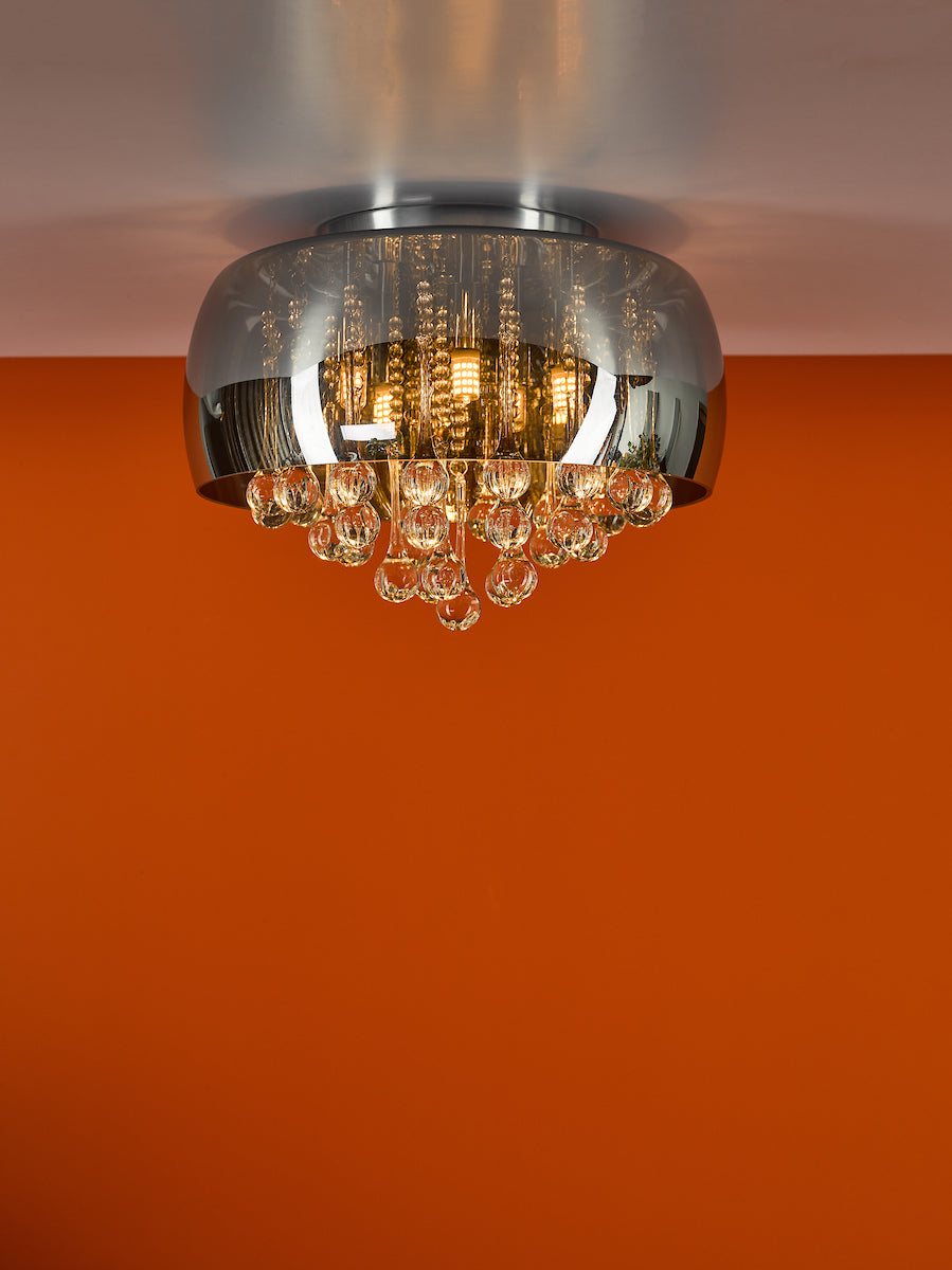 Aviel 5 Light Flush Smoked Shade With Clear Glass Droppers<br>Smoked Glass