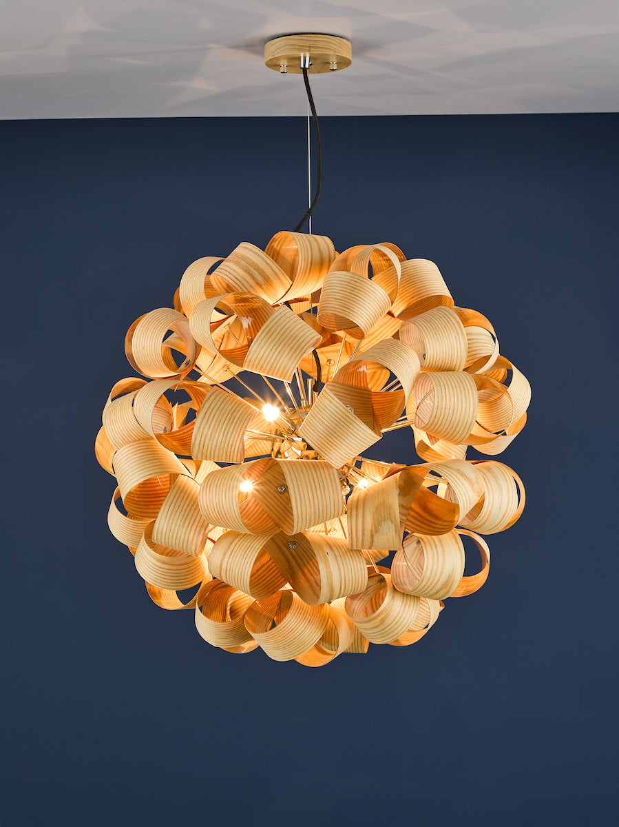 Ayna 6 Light Single Pendant Real Ash Veneer Satin Nickel<br>