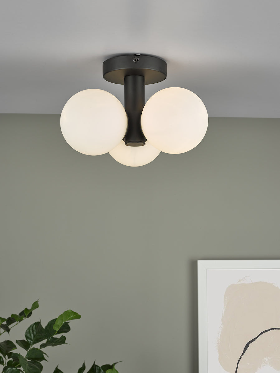Blake Bathroom 3 Light Semi Flush Matt Black Opal Glass<br>Matt Black