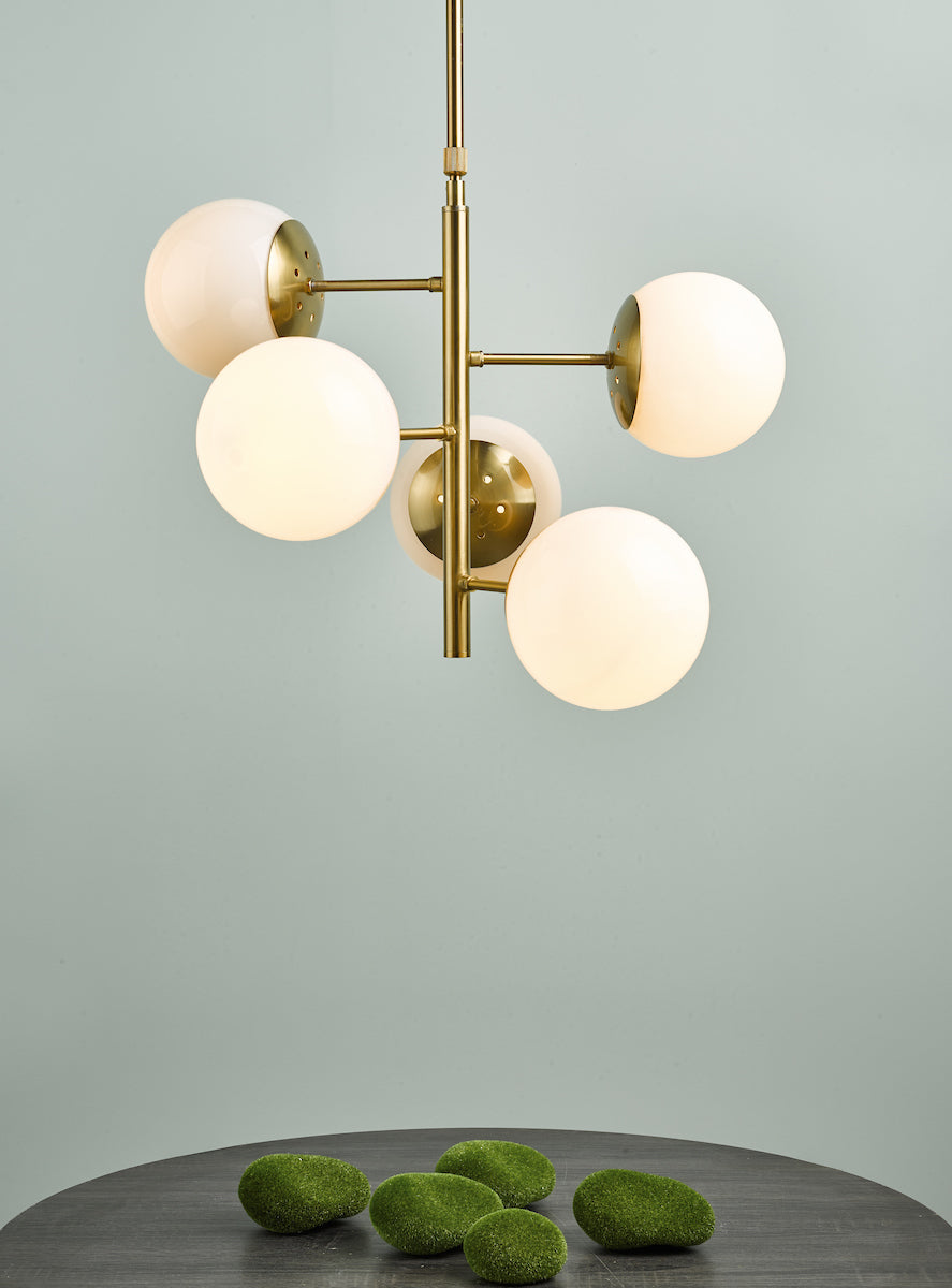 Bombazine 5 Light Pendant Natural Brass & Opal Glass<br>Natural Solid Brass