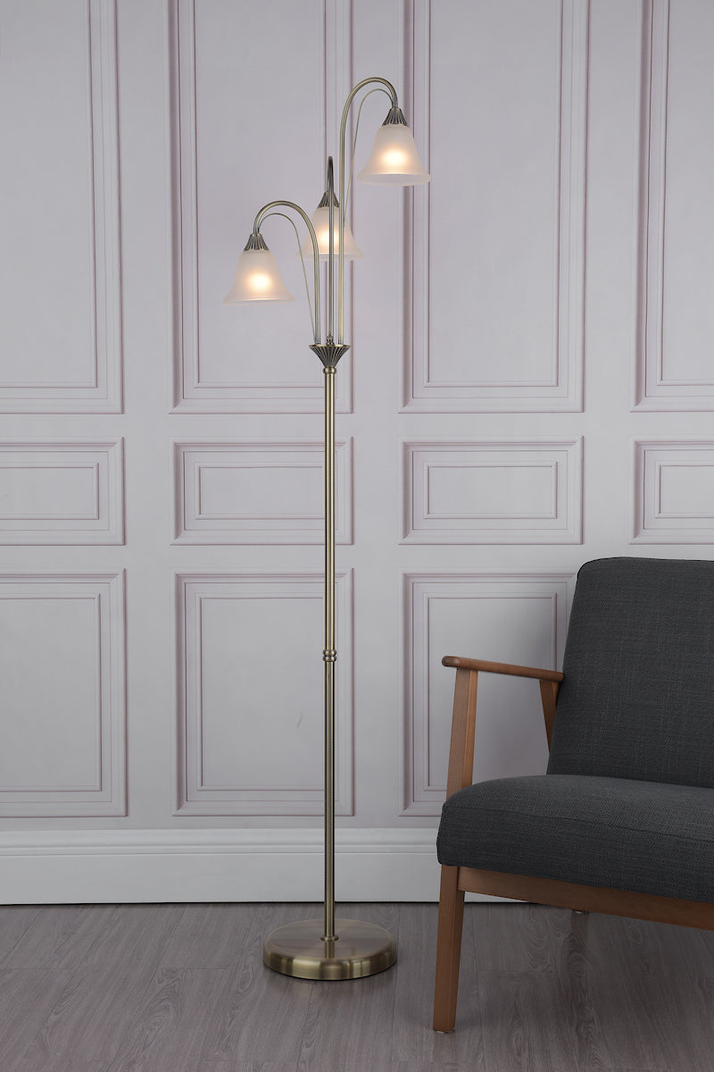 Boston 3 Light Floor Lamp Antique Brass Opaque Glass<br>Antique Brass