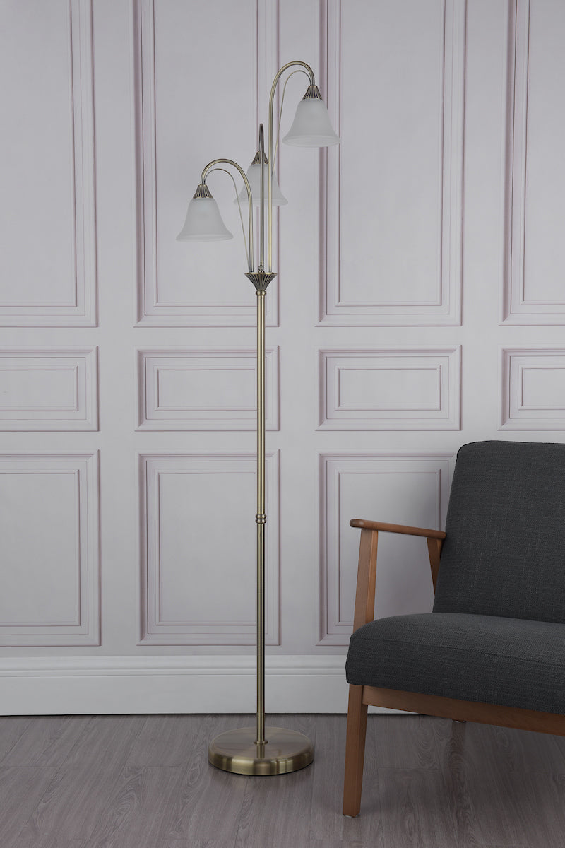 Boston 3 Light Floor Lamp Antique Brass Opaque Glass<br>Antique Brass
