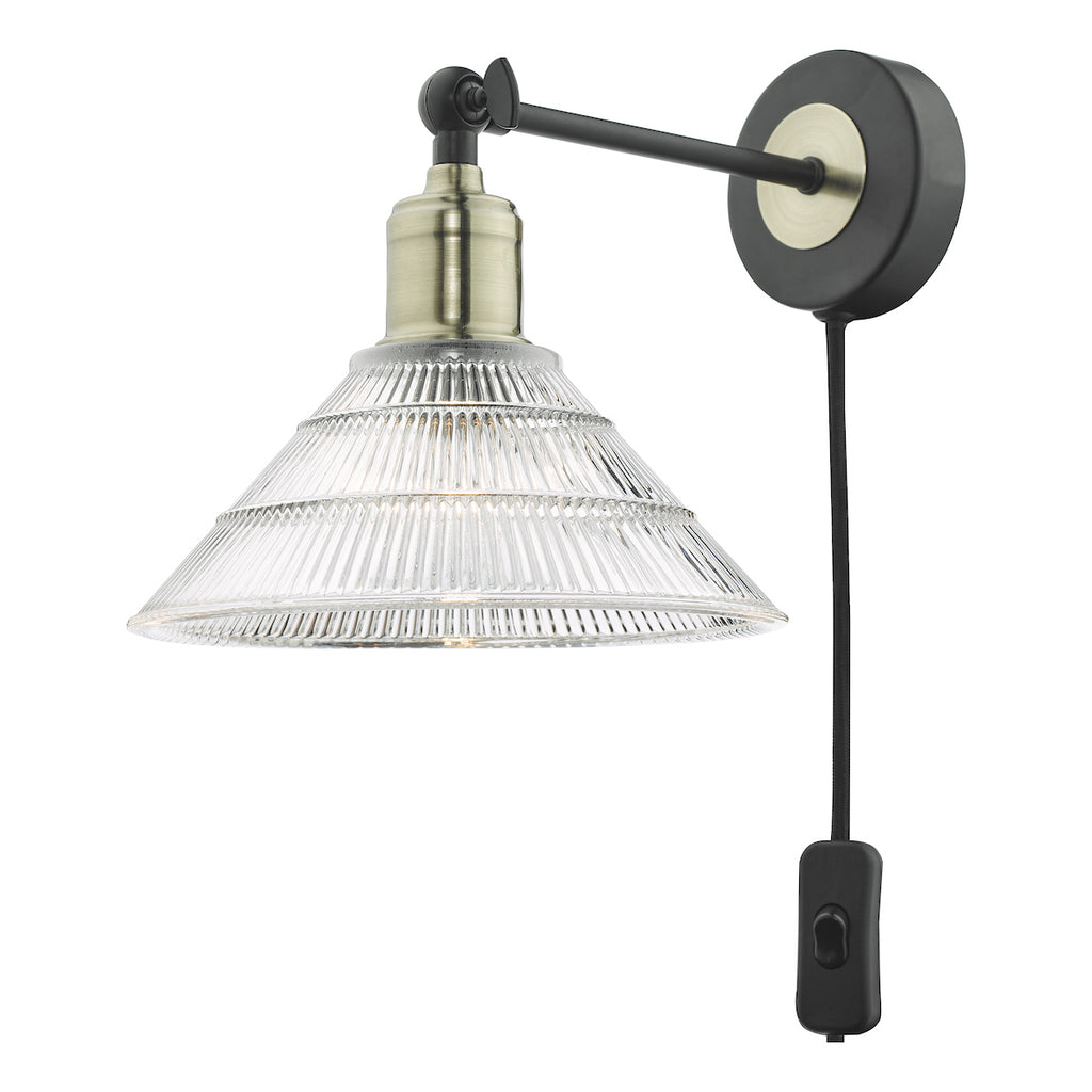 Boyd Single Wall Light Antique Brass & Matt Black With Ribbed Glass Shade - Plug In<br>Antique Brass